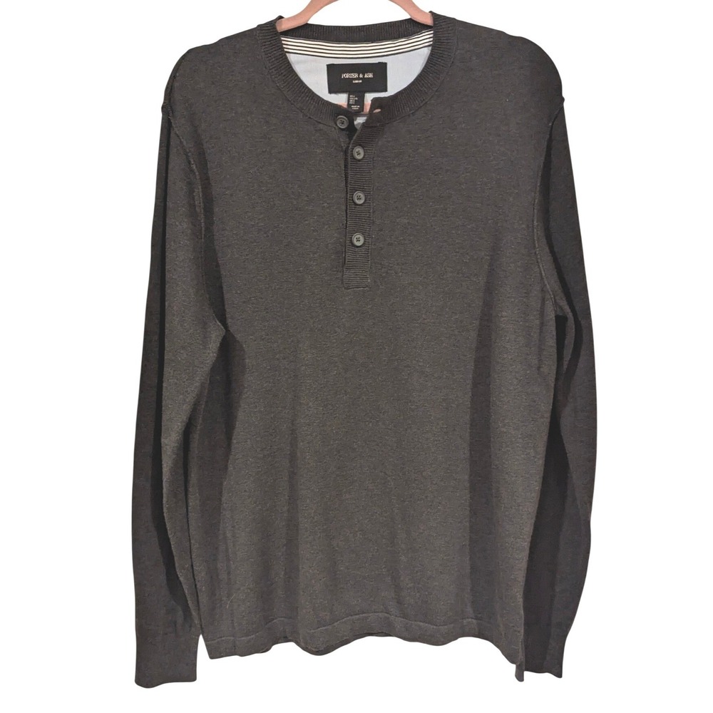 Porter & Ash Henley Sweater Large Charcoal Grey Cotton Knit Casual Preppy Top